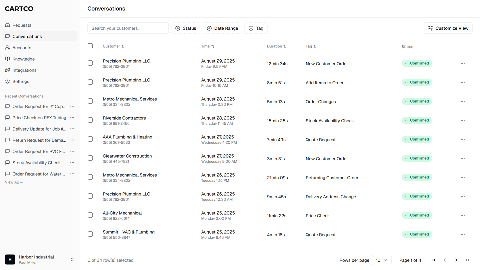 Cartco web interface showing customer order management