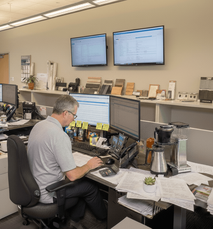 Manual order processing pain point - office worker at desk with multiple monitors