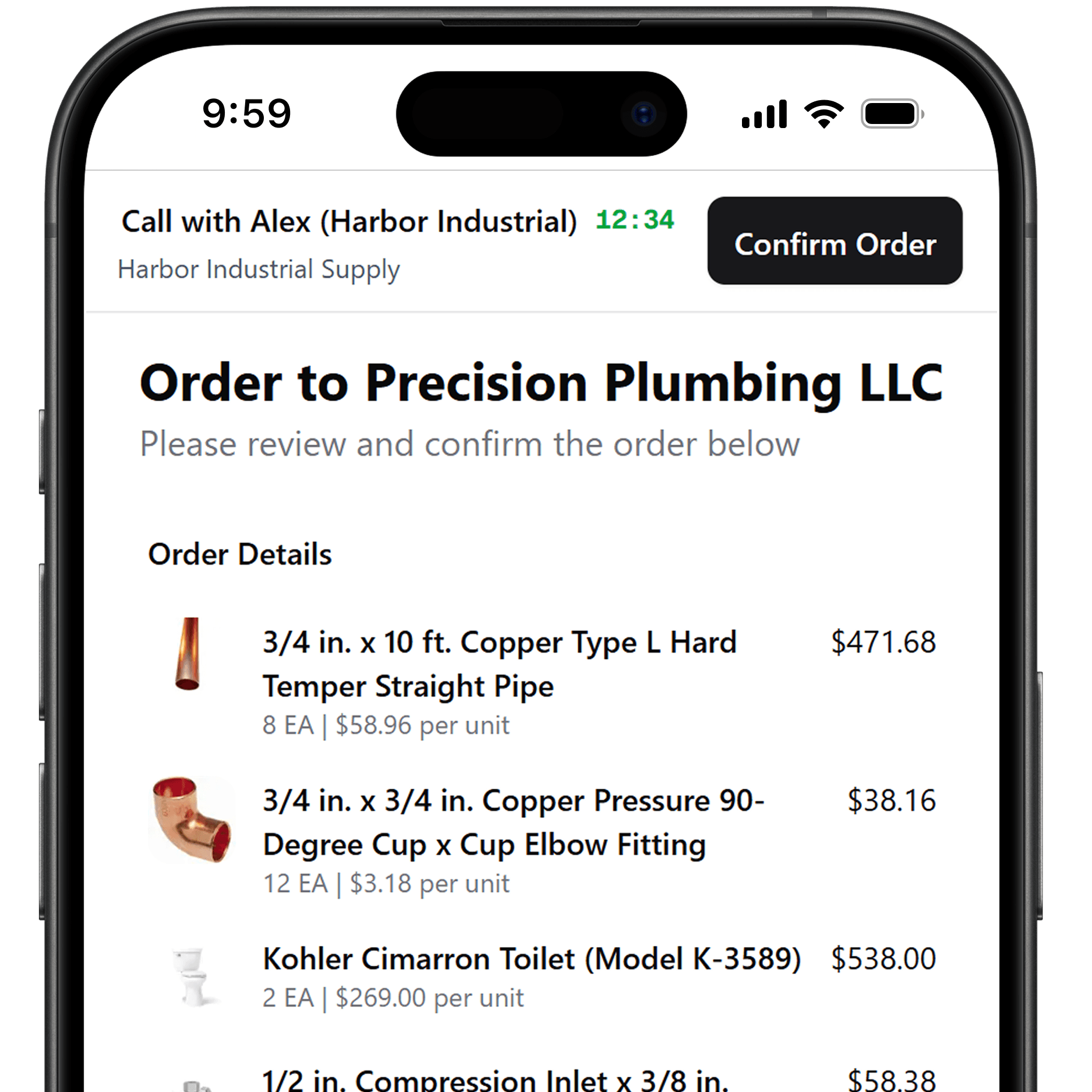 Cartco customer view showing order confirmation on iPhone