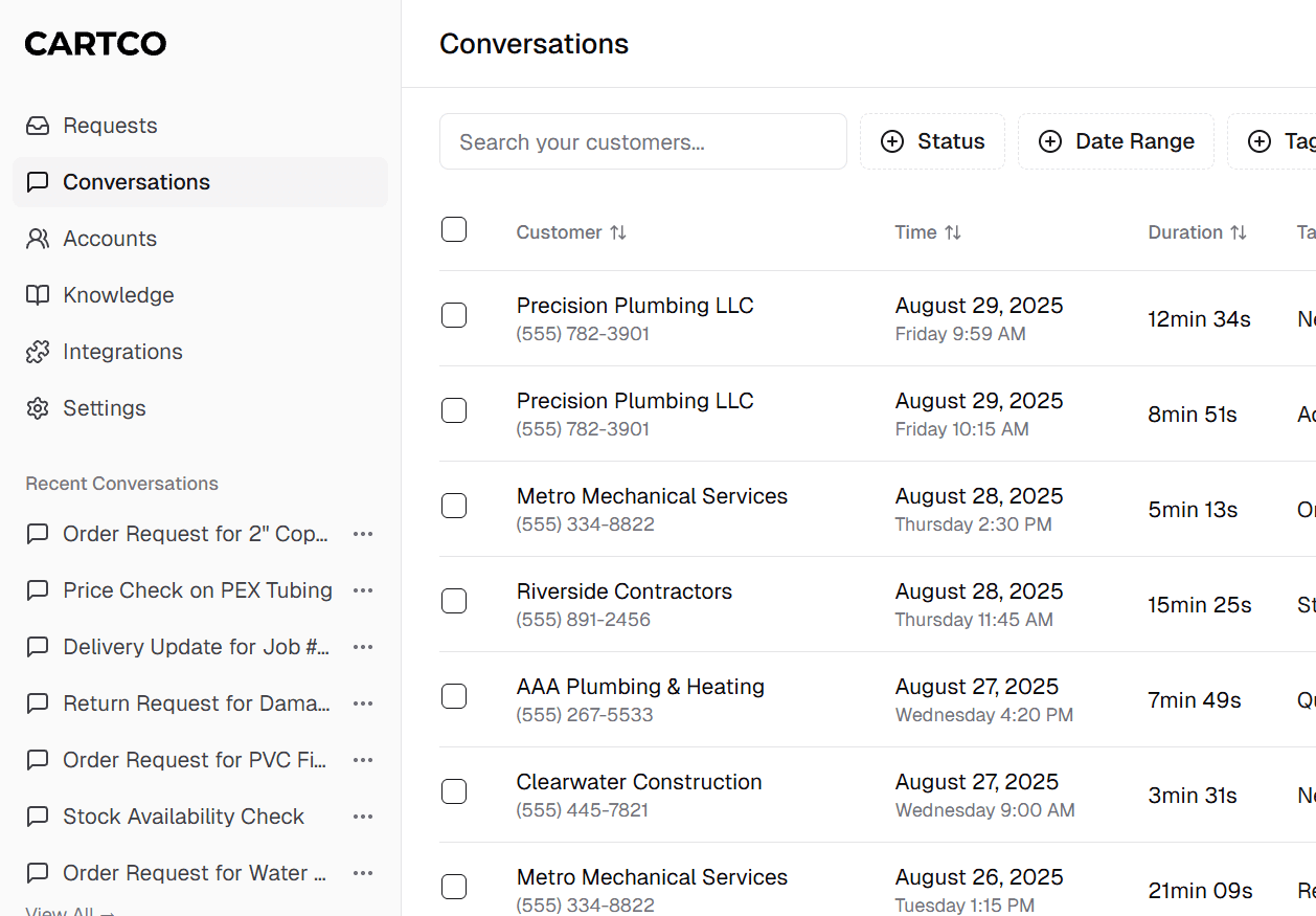 Cartco mobile interface showing customer order management